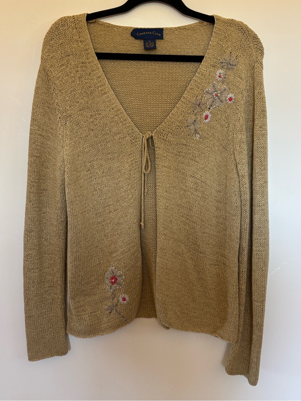Charter Club Beige Floral Embroidered Tie-Front Sweater